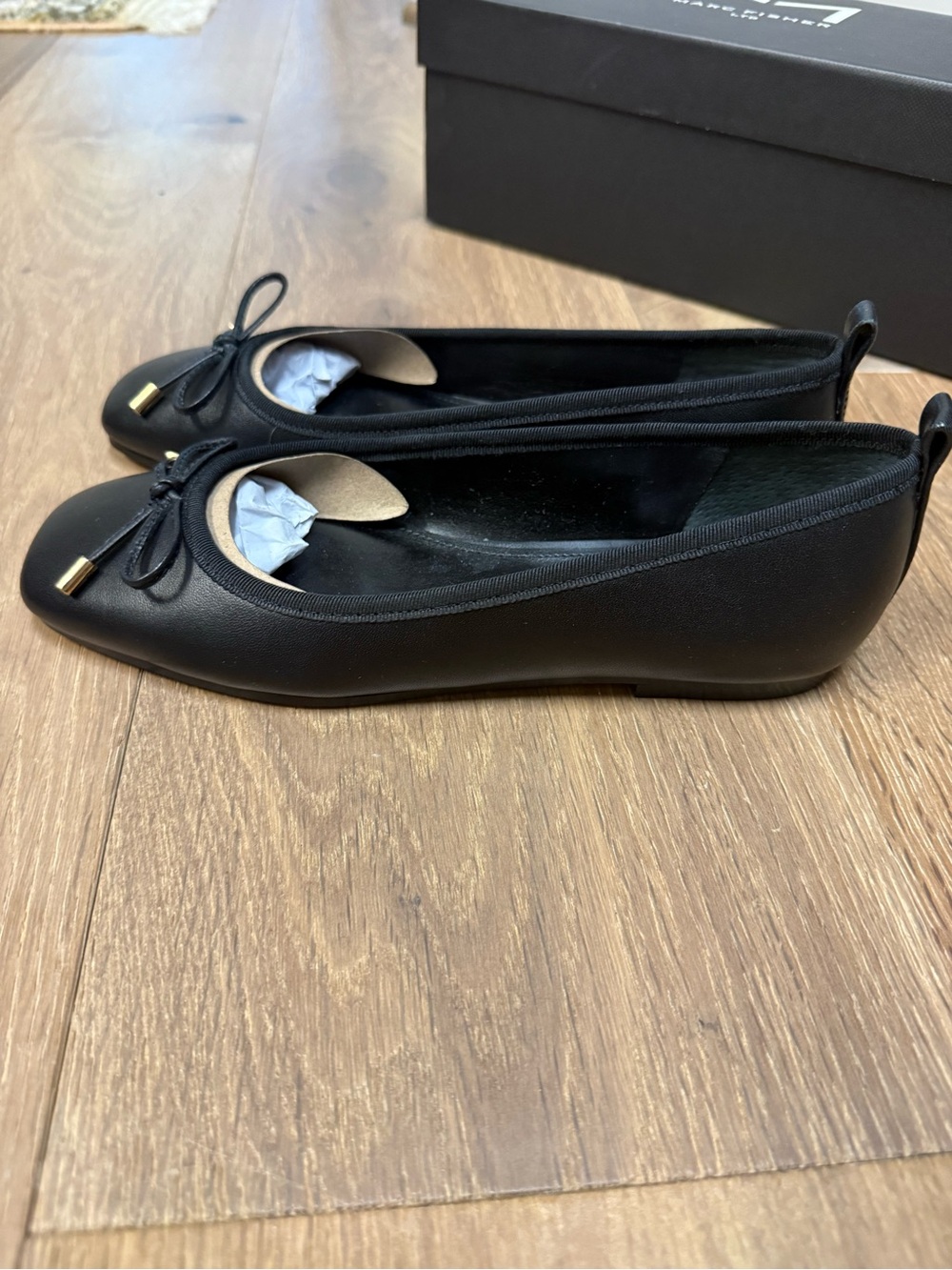 Marc Fisher Black Leather Ballet Flats with Bow and Gold Accents
